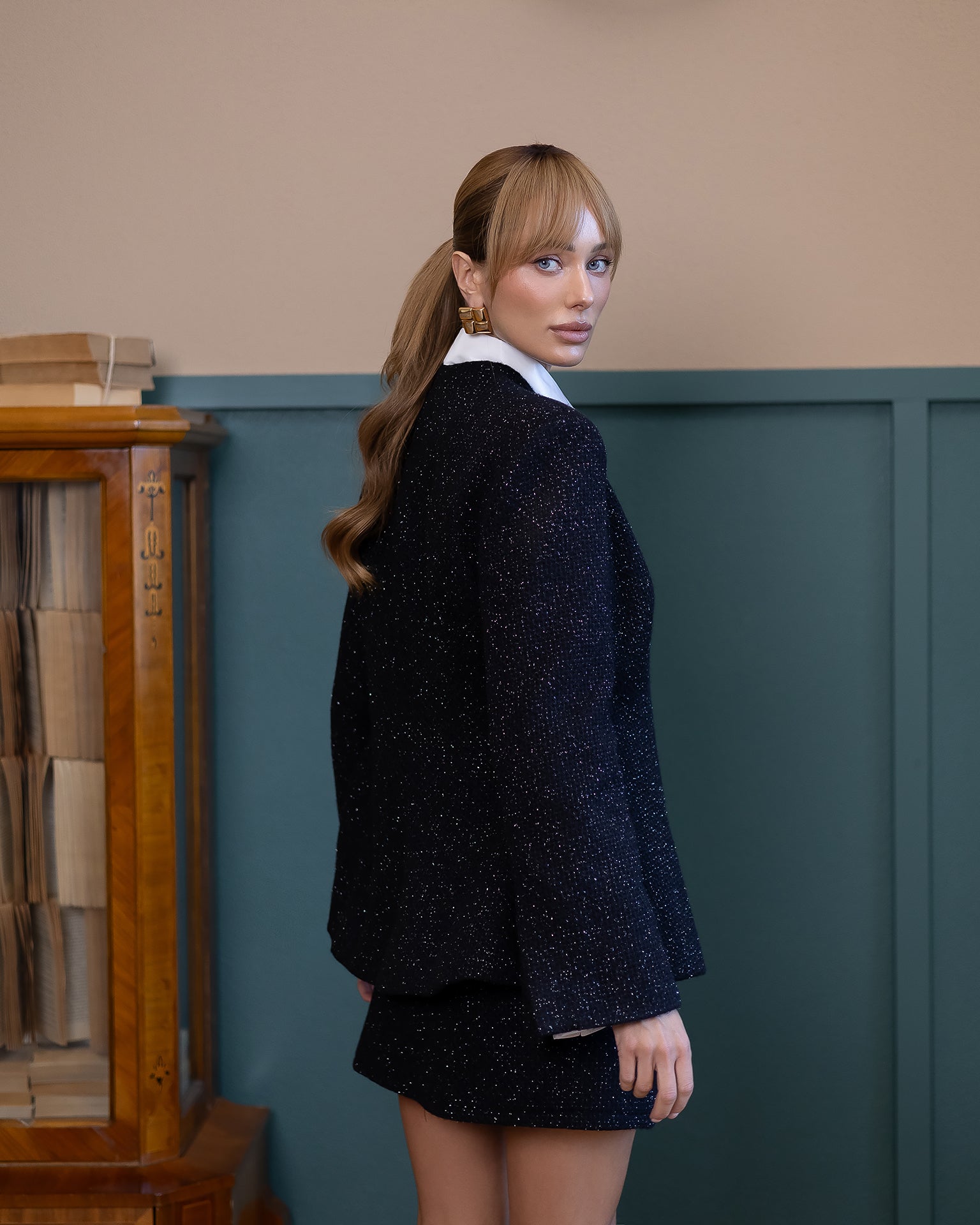 Serena Black Tweed Peplum Blazer & Mini Skirt Suit 2-Piece - view 7 | ELAGIA