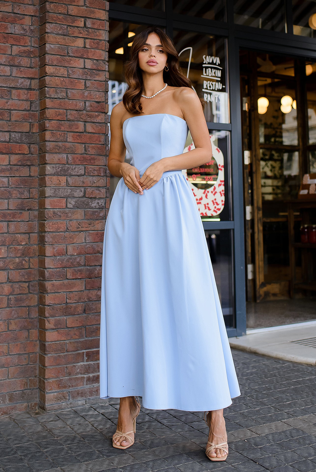 Sky-Blue Strapless Midi Dress - styled look | ELAGIA