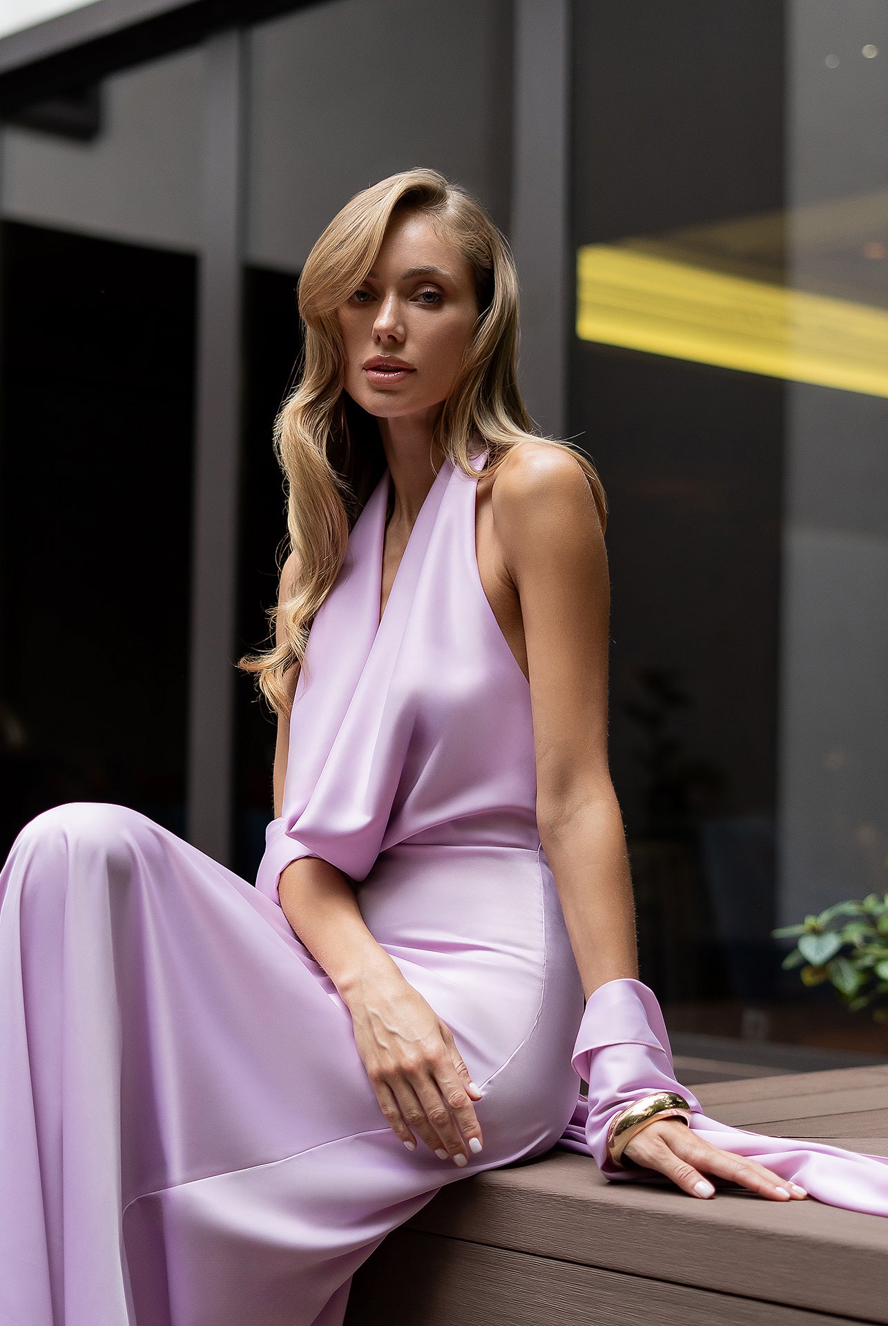 Céline Pink Satin Drape Halter-Neck Backless Maxi Dress - view 13 | ELAGIA