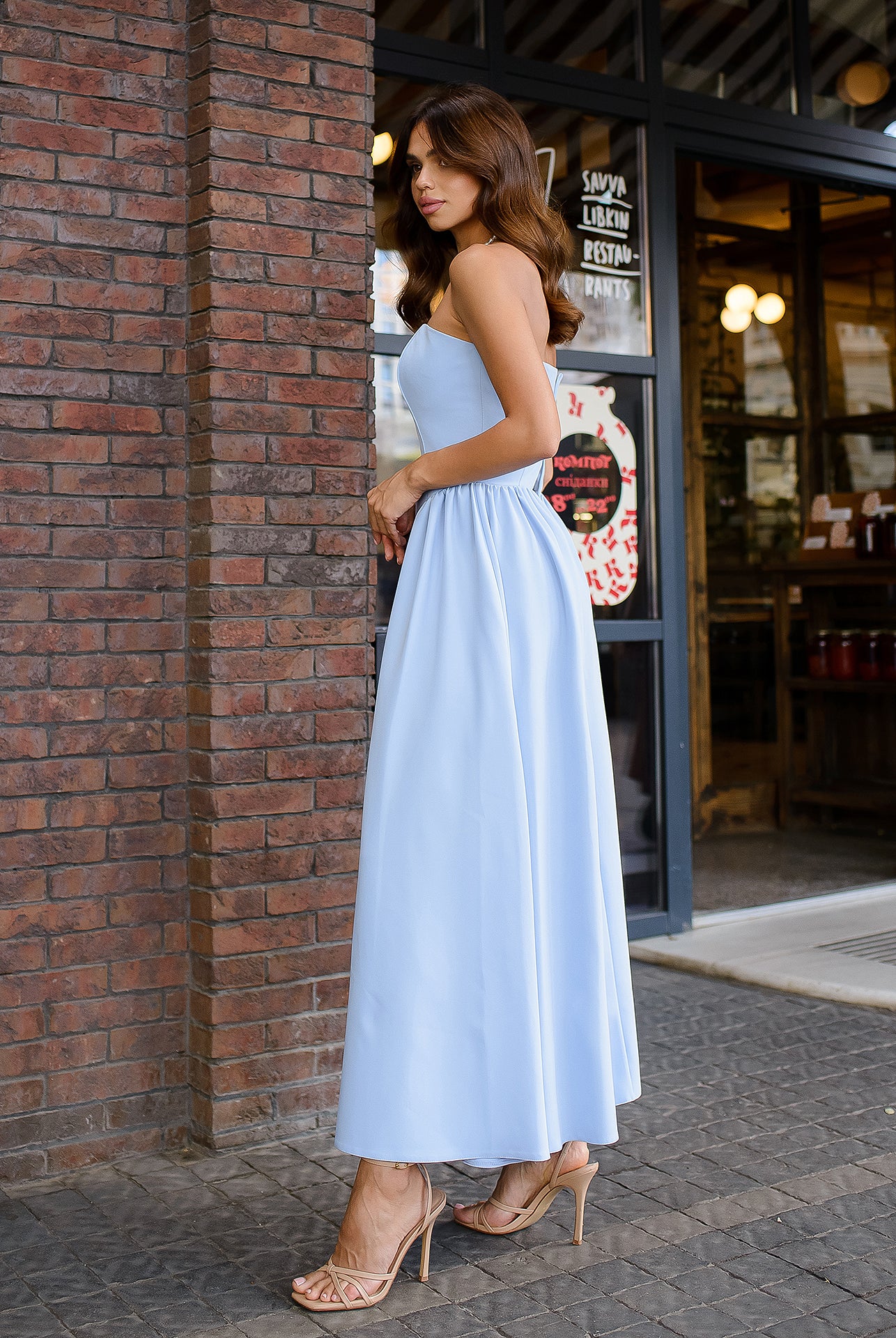 Sky-Blue Strapless Midi Dress - view 6 | ELAGIA