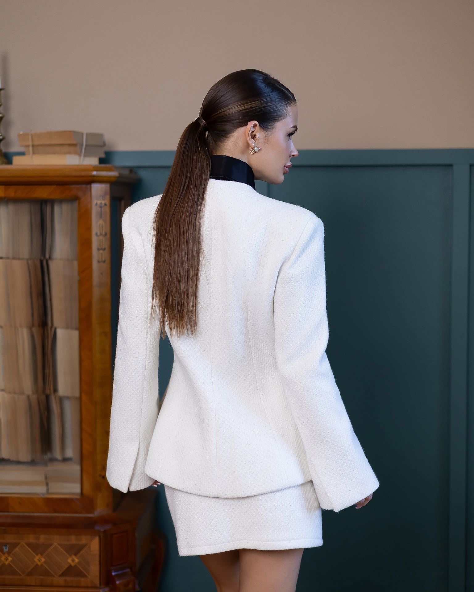 Serena White Tweed Peplum Blazer & Mini Skirt Suit 2-Piece - view 8 | ELAGIA