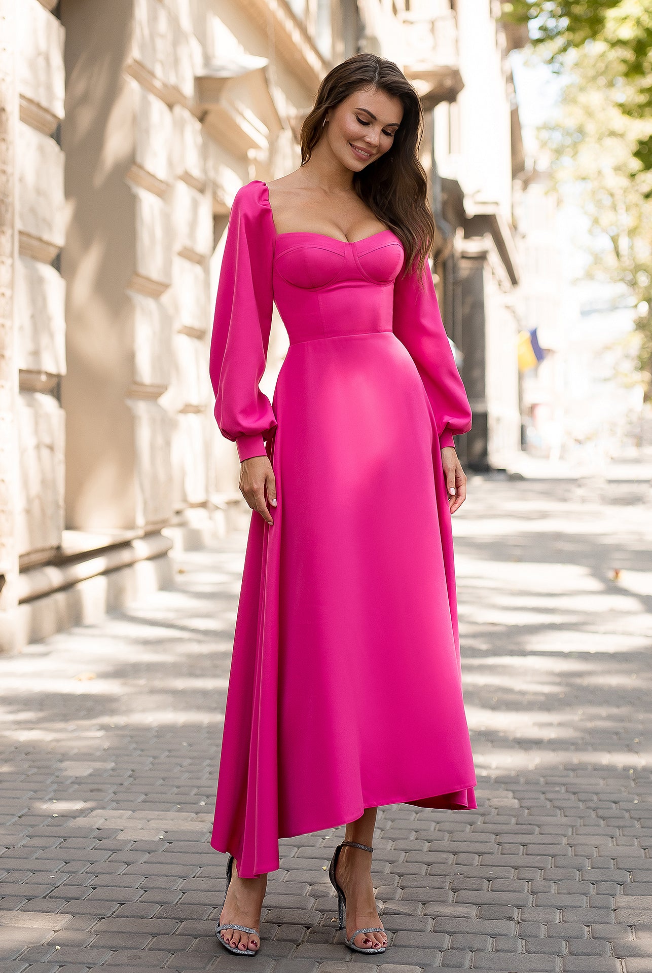 ELAGIA crimson puff-sleeve midi dress styled on model - complete 3 piece women's suit look for office wear
