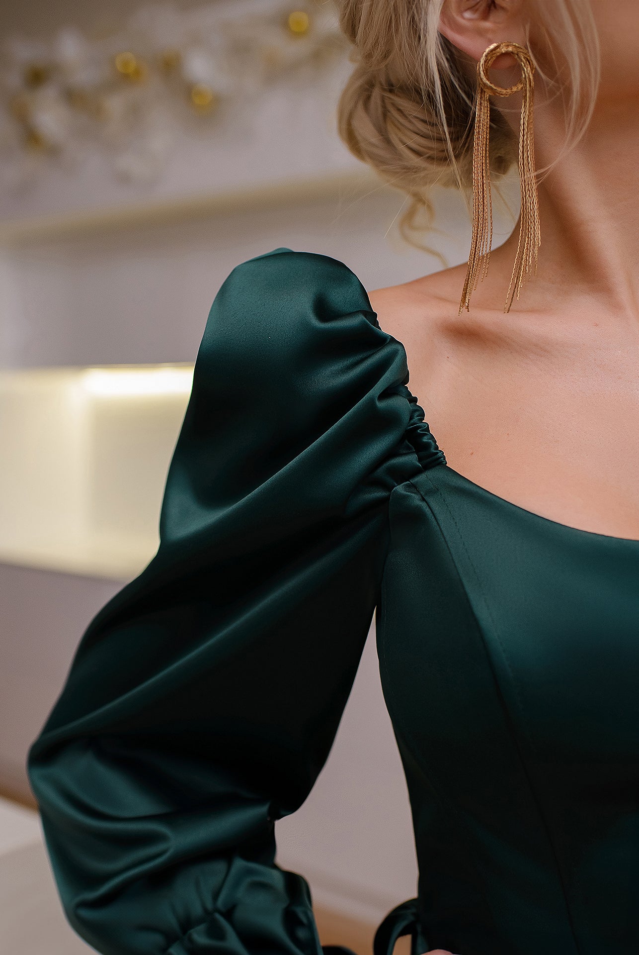 Julie Green Satin Puff-Sleeve Mini Dress - back view | ELAGIA