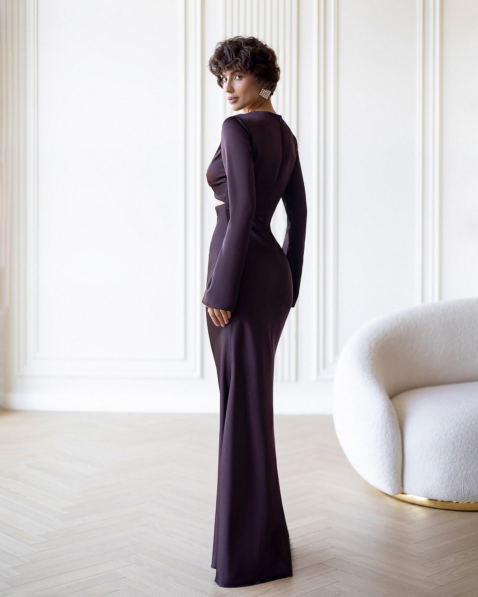 ELAGIA Novelle Brown Satin Twist-Front Cut-Out Maxi Dress back view - elegant 3 piece women's suit purple business suit women