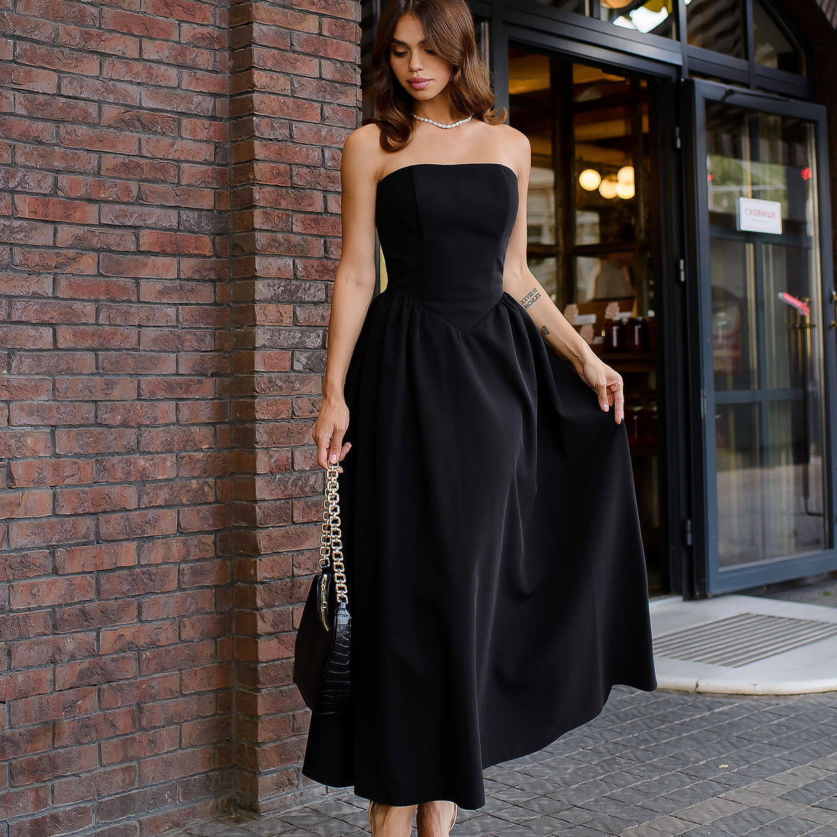 Black Strapless Midi Dress | Elagia Black / S Black Strapless Midi Dress | Elagia Black / S