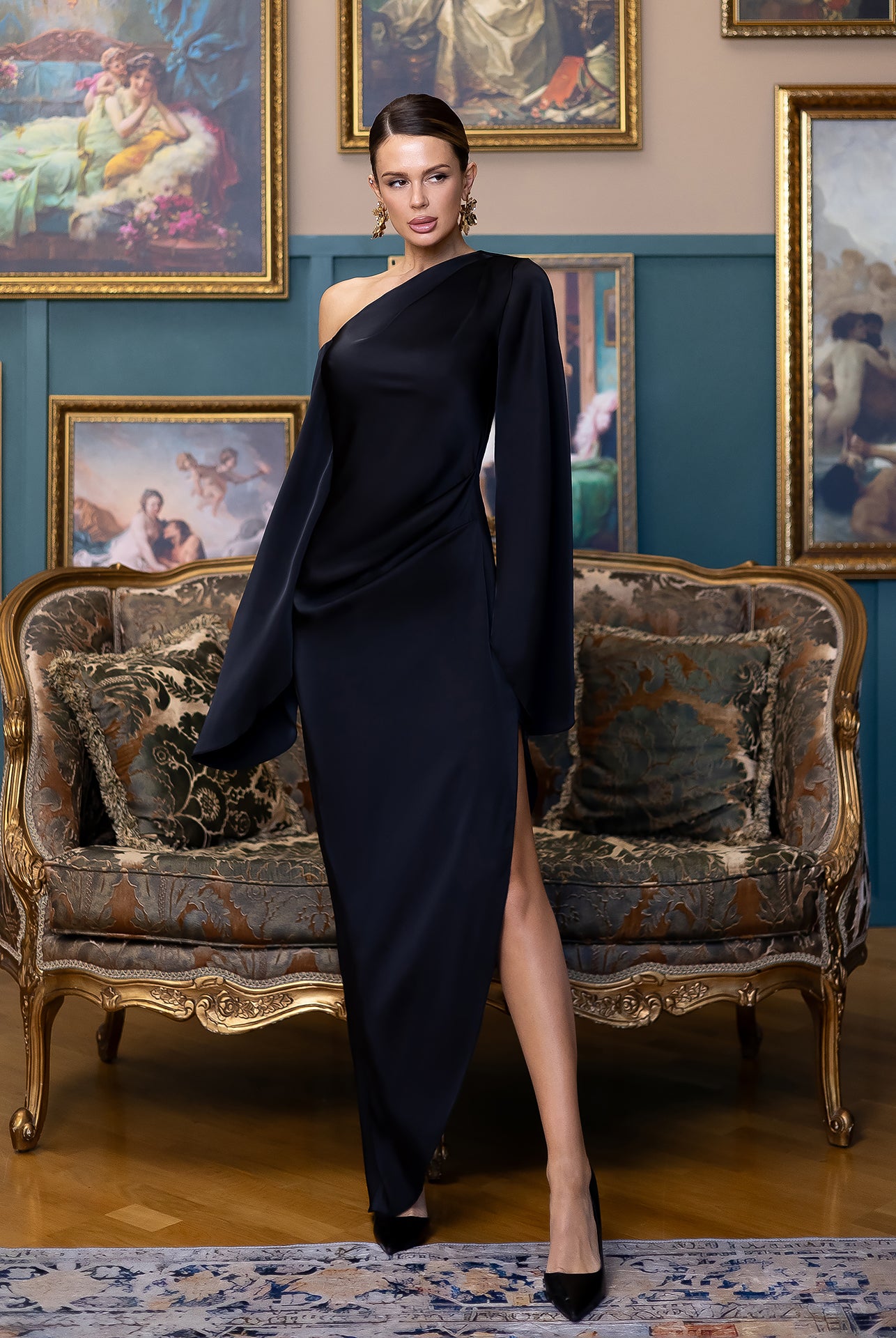 Celeste Black Satin Asymmetric One-Shoulder Midi Dress - view 7 | ELAGIA