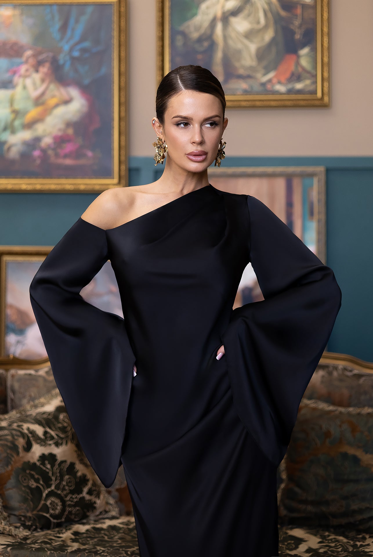 Celeste Black Satin Asymmetric One-Shoulder Midi Dress - view 8 | ELAGIA