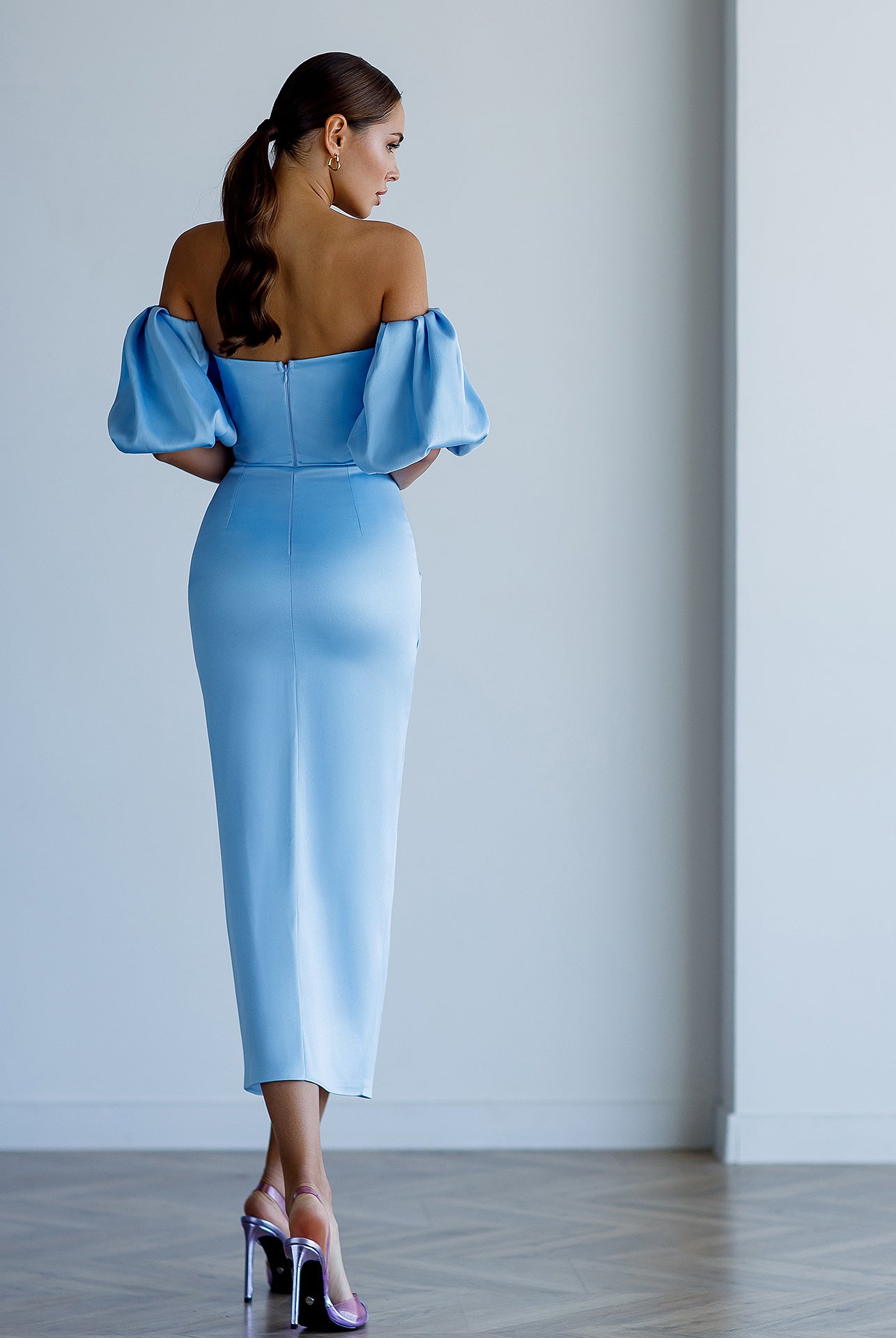 ELAGIA sky-blue satin puff-sleeve midi dress front view - purple business suit women 3 piece women's suit style