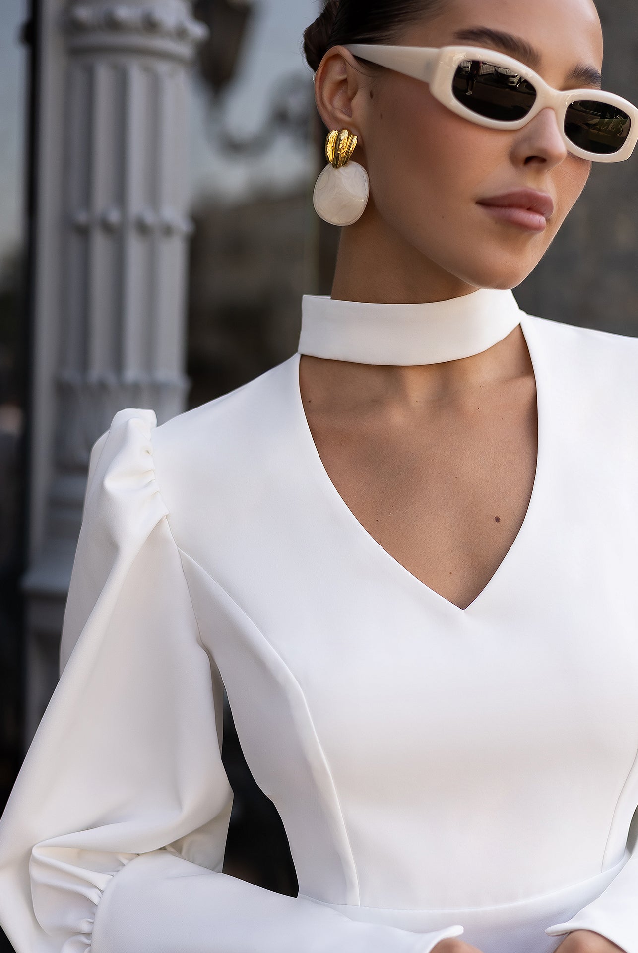 Bella White Choker-Neck Puff Sleeve Mini Dress - view 8 | ELAGIA