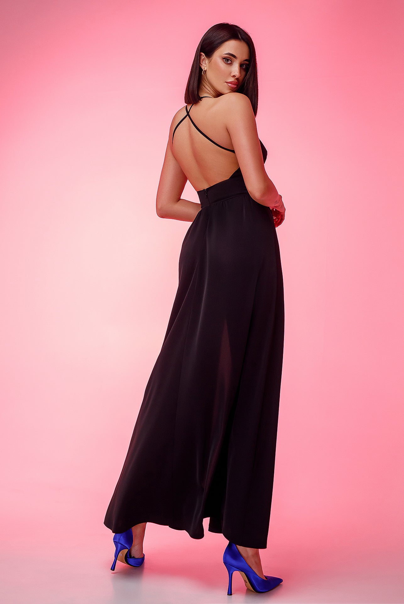 Black V-Neck Slip Midi Dress - view 10 | ELAGIA
