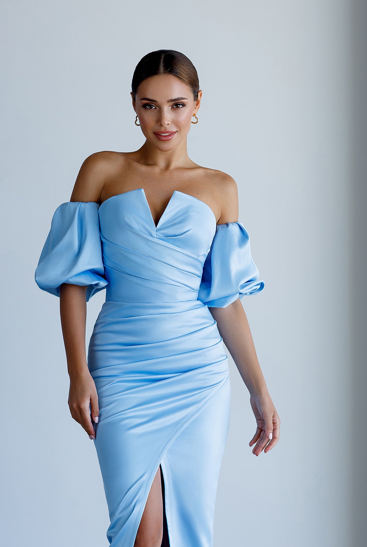 ELAGIA sky-blue satin midi dress side angle view - professional 3 piece women's suit purple business suit women look