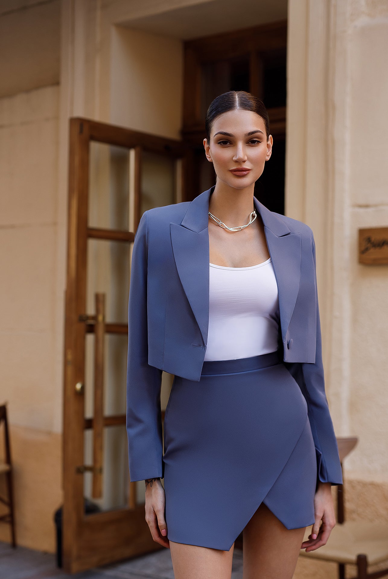 Grey Crop Jacket Asymmetric Skirt Suit 2-Piece - view 6 | ELAGIA