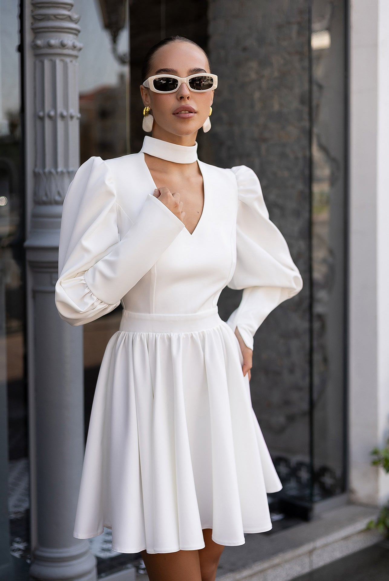 Bella White Choker-Neck Puff Sleeve Mini Dress - side view | ELAGIA