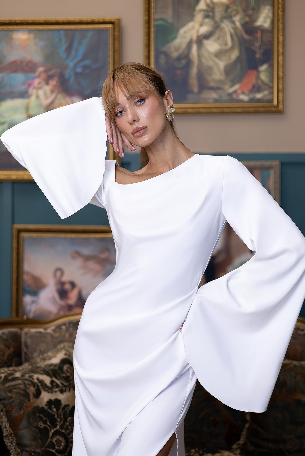 Celeste White Satin Asymmetric One-Shoulder Midi Dress - view 6 | ELAGIA