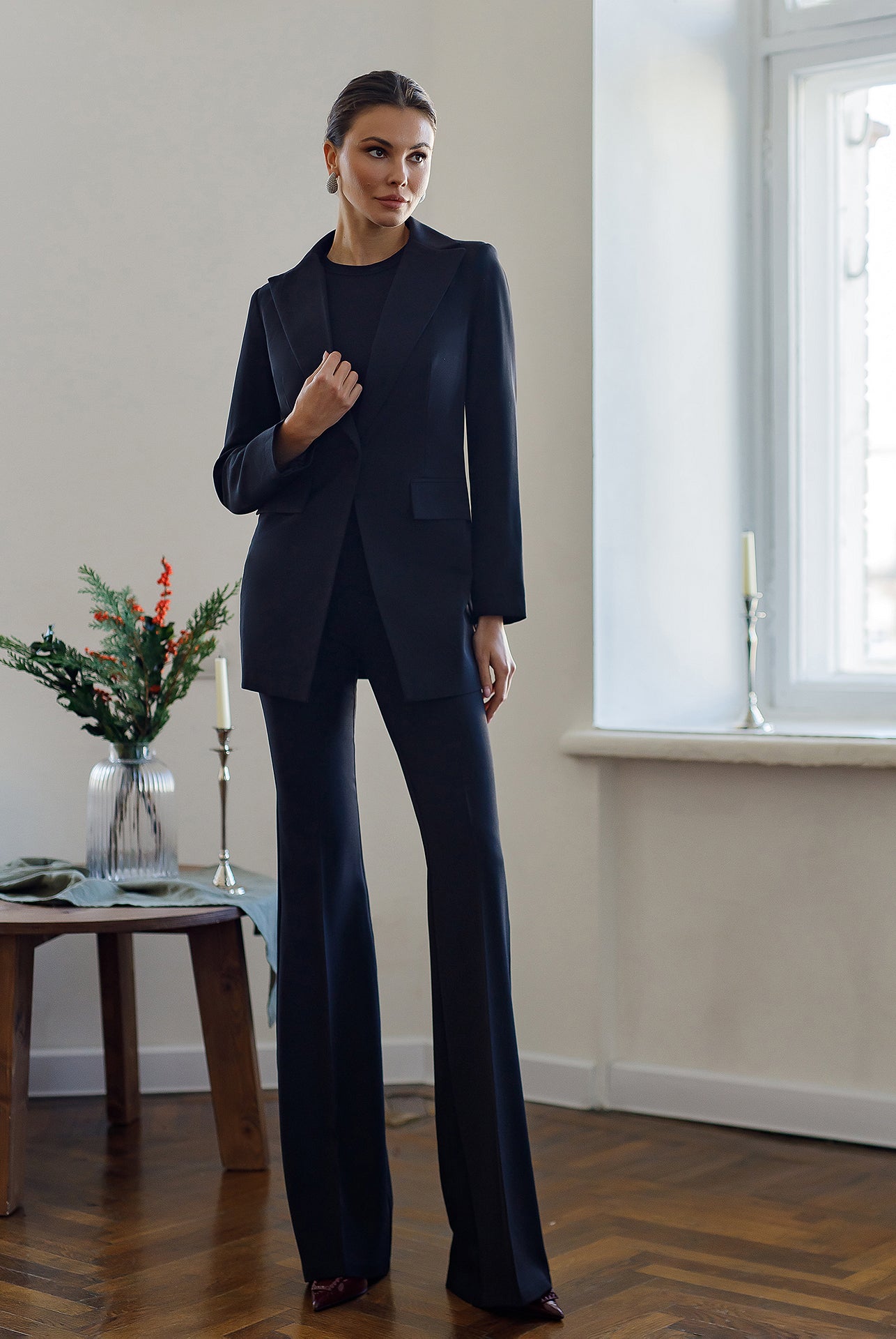 Monica Black Single-Breasted Suit 2-Piece - Front View | ELAGIA