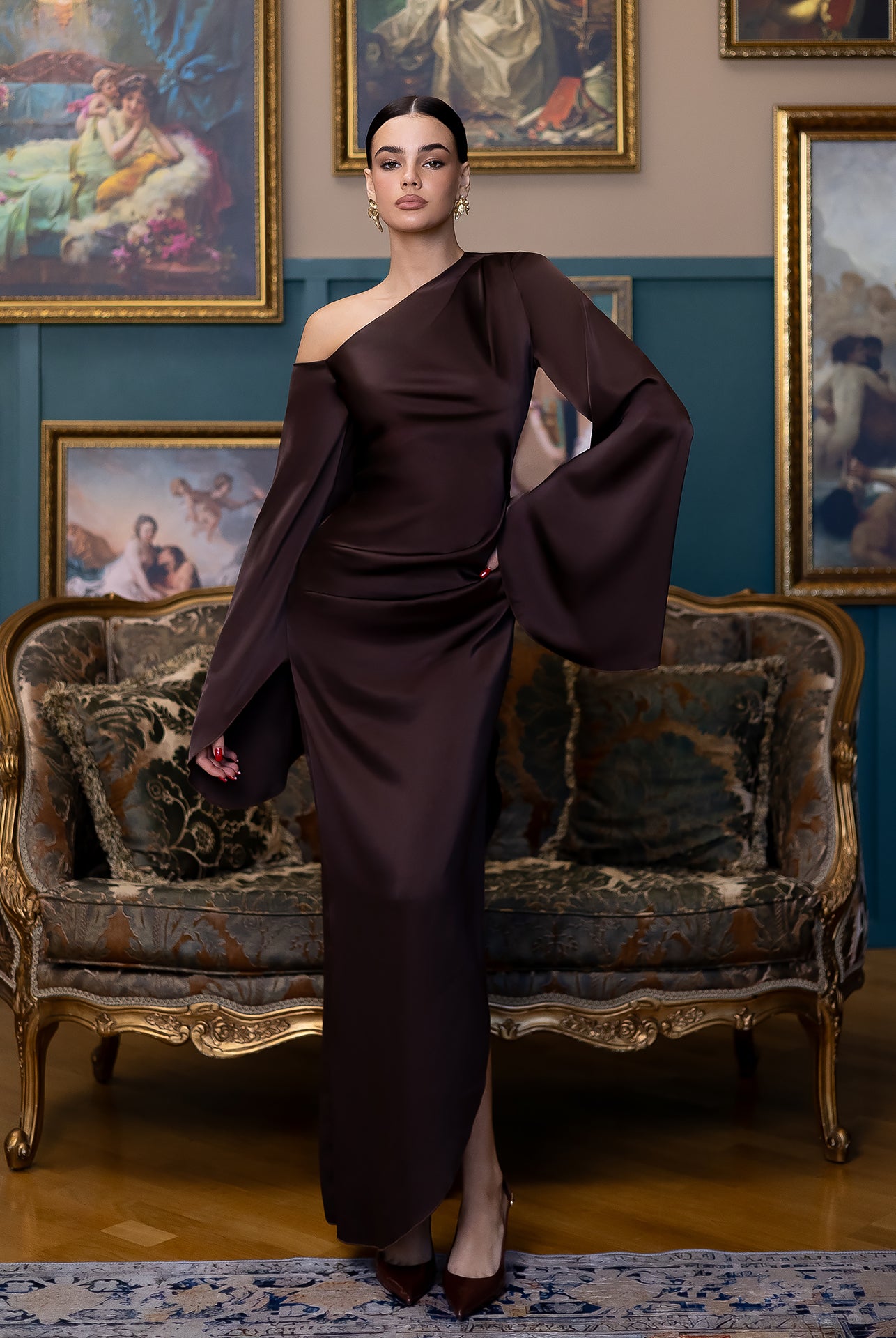 Celeste Brown Satin Asymmetric One-Shoulder Midi Dress - close-up detail | ELAGIA