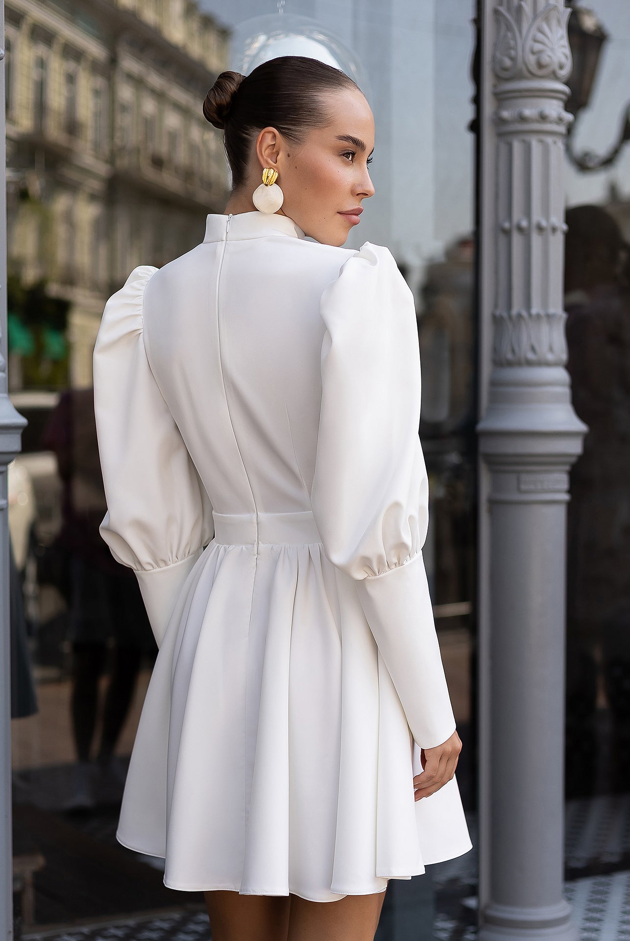 Bella White Choker-Neck Puff Sleeve Mini Dress - back view | ELAGIA