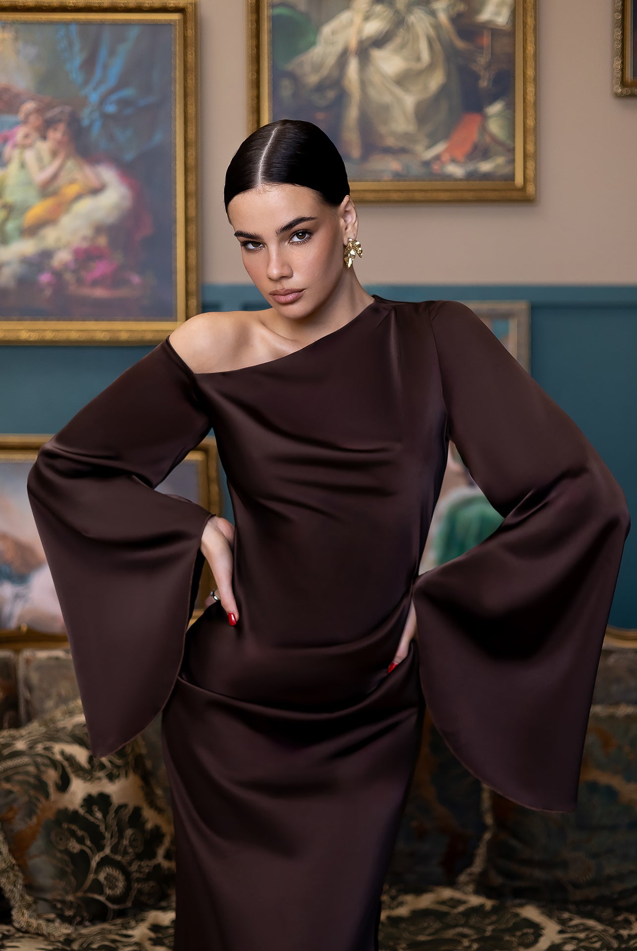 Celeste Brown Satin Asymmetric One-Shoulder Midi Dress - view 6 | ELAGIA