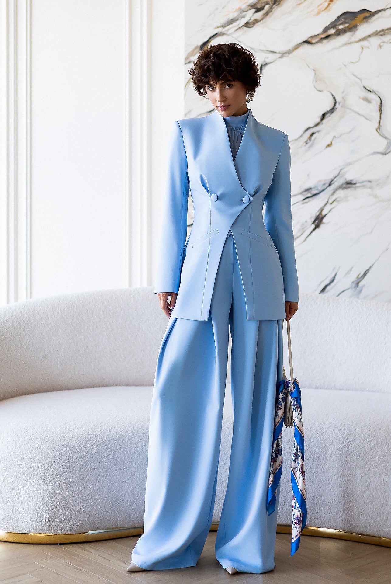 ELAGIA Avra Sky-Blue Asymmetric Double-Breasted Longline Blazer Suit 2-Piece front view - 3 piece women's suit style