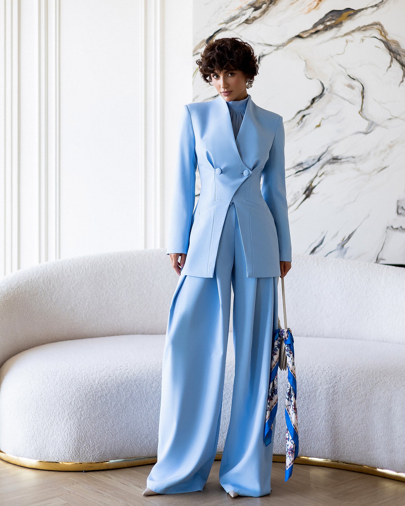 ELAGIA Avra Sky-Blue Asymmetric Double-Breasted Longline Blazer Suit 2-Piece front view - 3 piece women's suit style