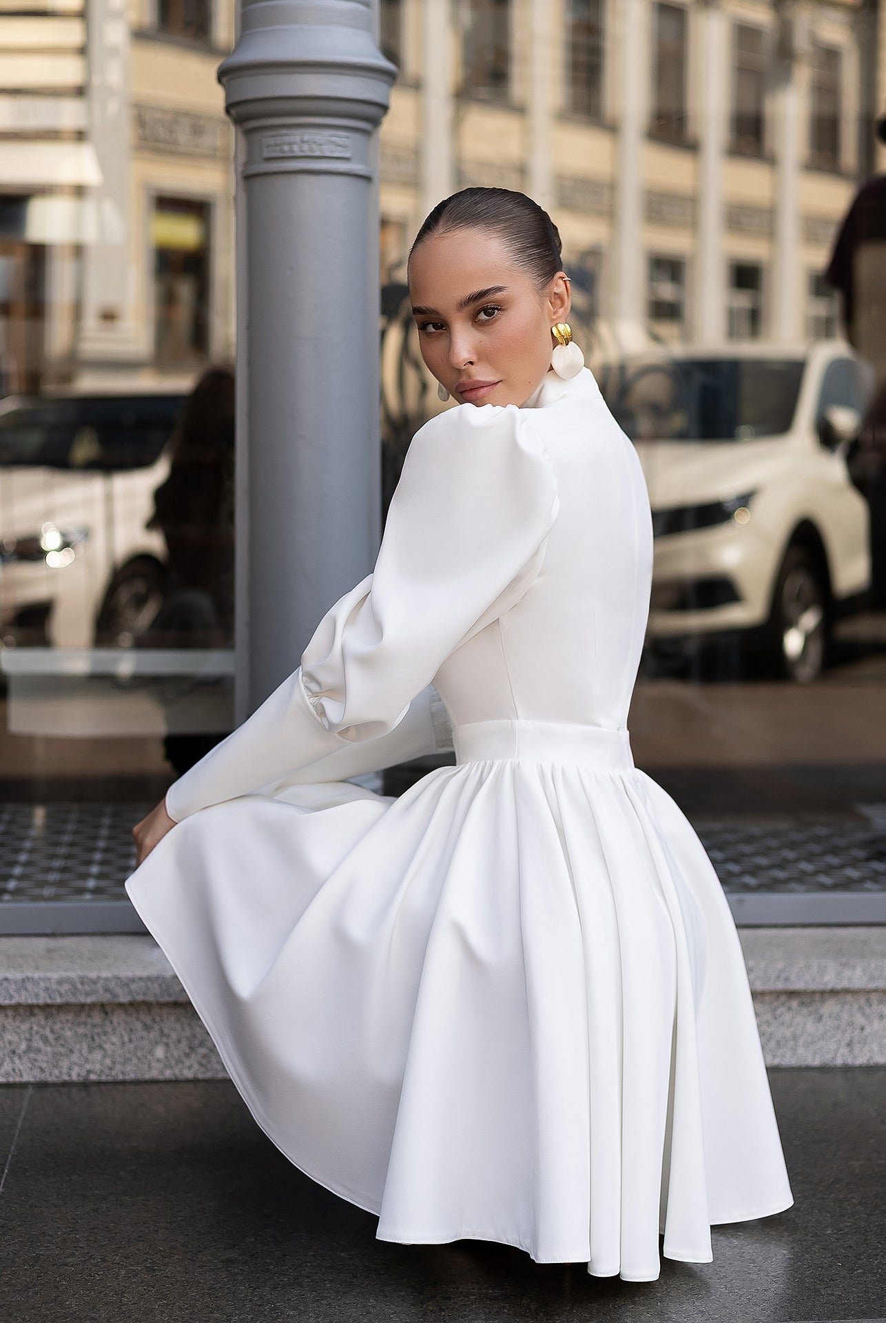Bella White Choker-Neck Puff Sleeve Mini Dress - close-up detail | ELAGIA