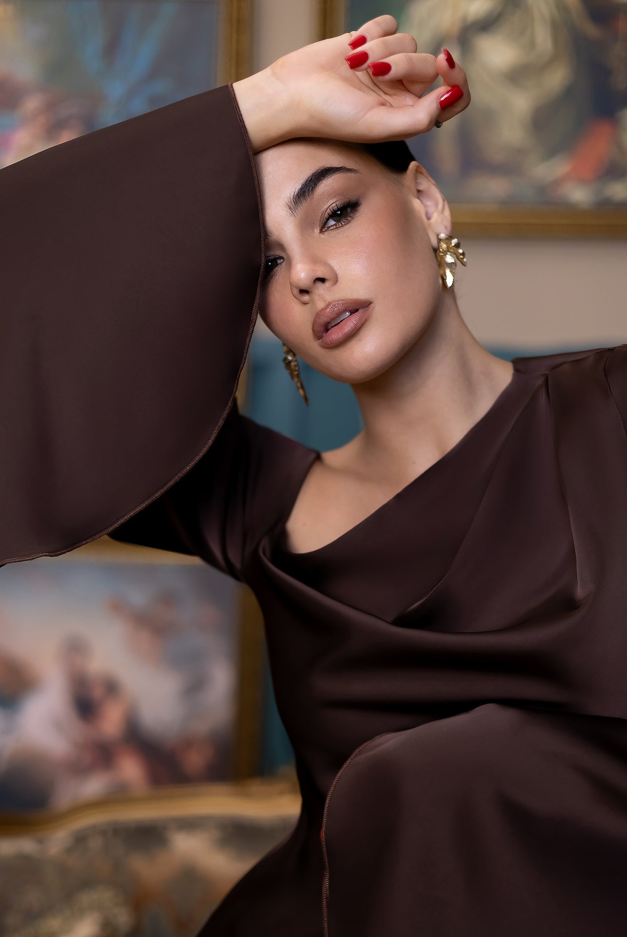 Celeste Brown Satin Asymmetric One-Shoulder Midi Dress - view 7 | ELAGIA