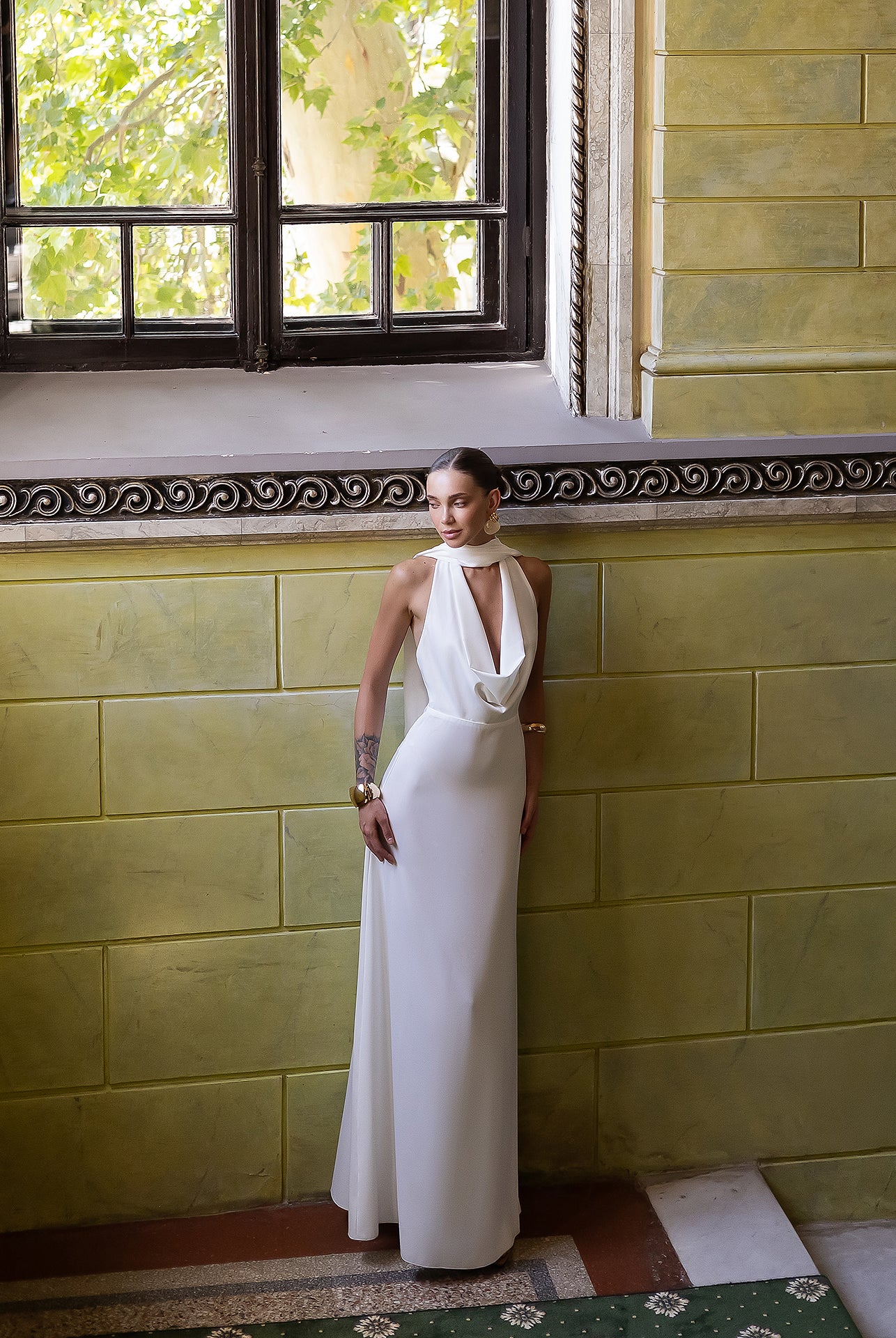 Céline White Satin Drape Halter-Neck Backless Maxi Dress - view 10 | ELAGIA