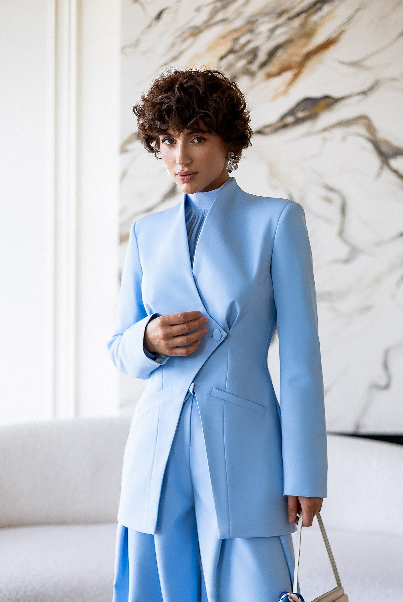 ELAGIA Avra Sky-Blue Asymmetric Double-Breasted Longline Blazer Suit 2-Piece detail view - 3 piece women's suit style