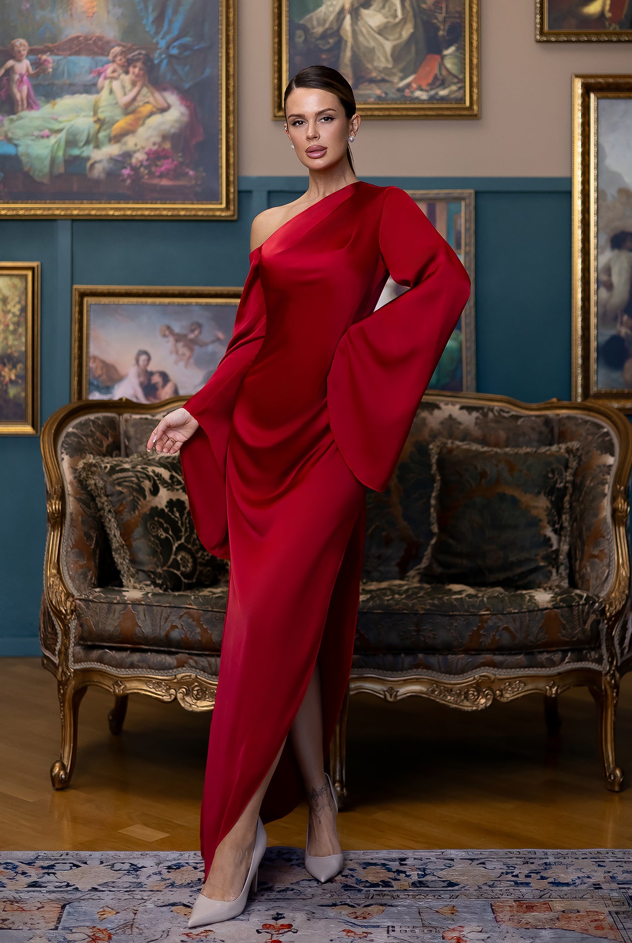 Celeste Red Satin Asymmetric One-Shoulder Midi Dress - view 7 | ELAGIA