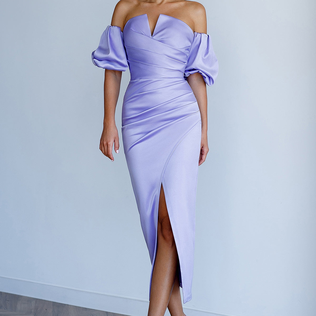 purple puff sleeve midi dress Lavender Satin Puff Sleeve Midi Dress