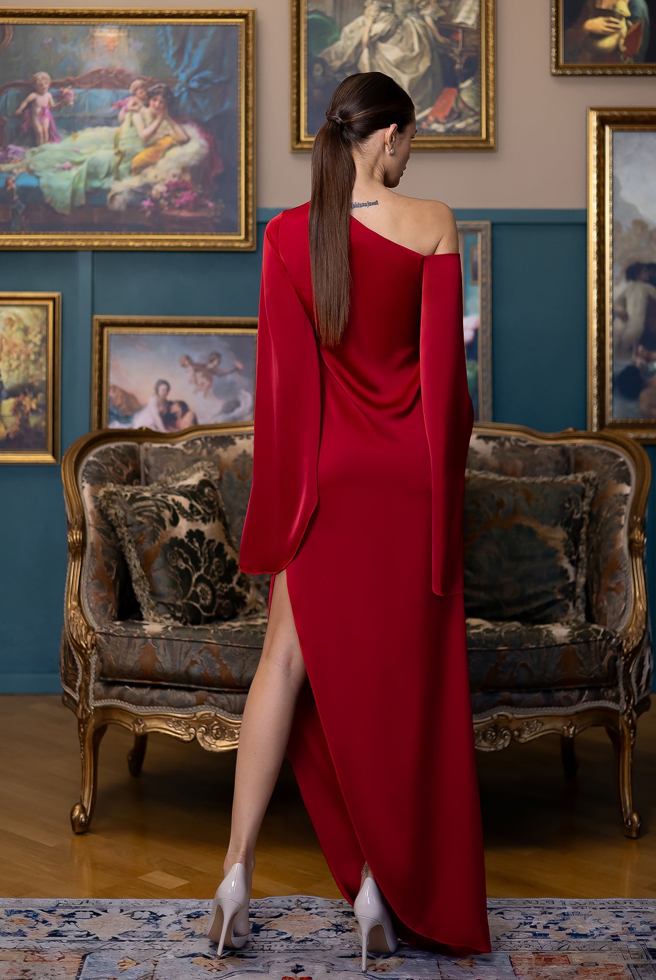 Celeste Red Satin Asymmetric One-Shoulder Midi Dress - view 8 | ELAGIA