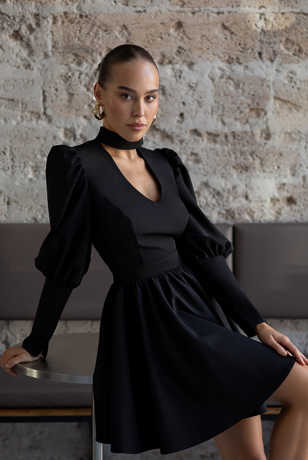 Bella Black Choker-Neck Puff Sleeve Mini Dress - back view | ELAGIA