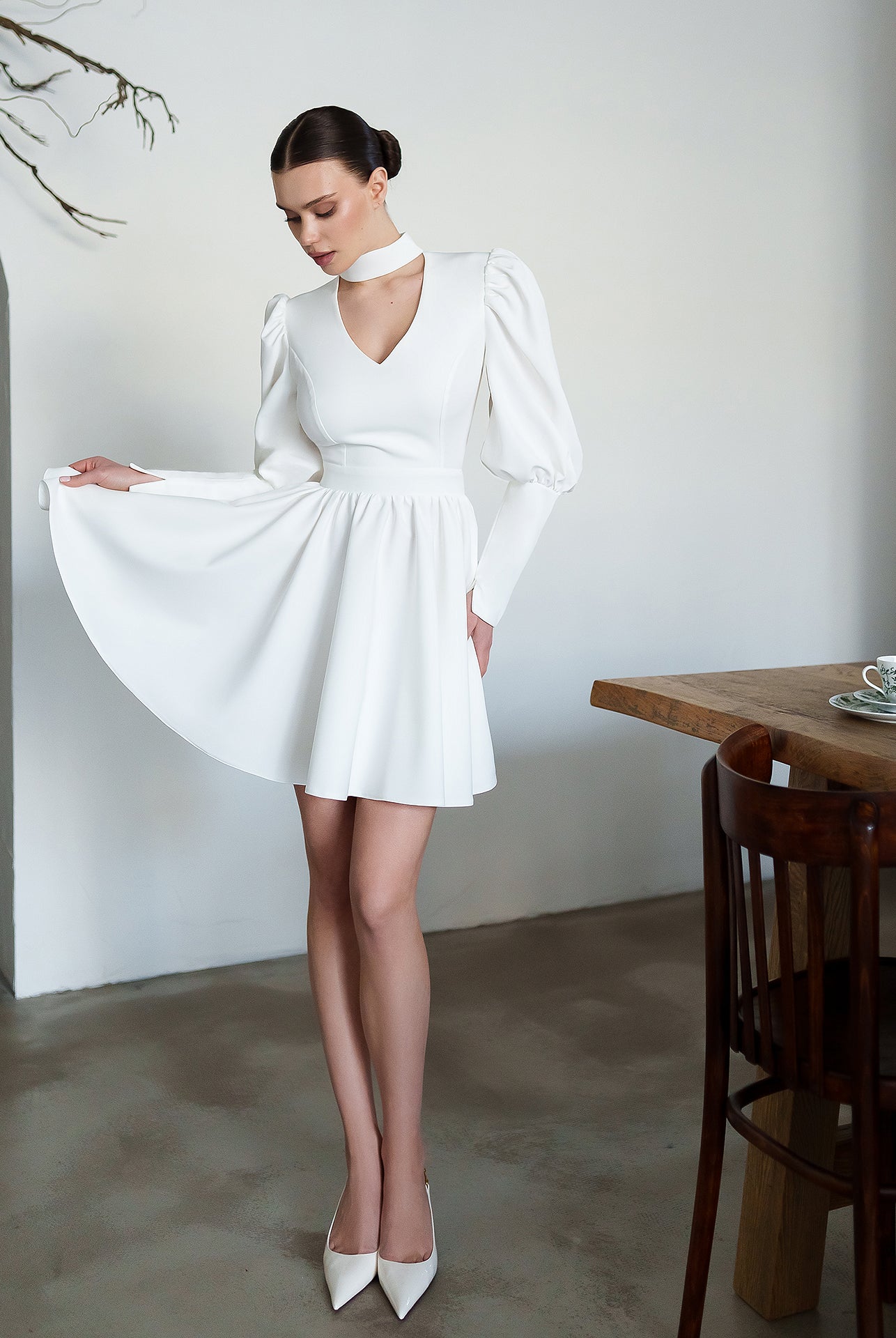 Bella White Choker-Neck Puff Sleeve Mini Dress - styled look | ELAGIA