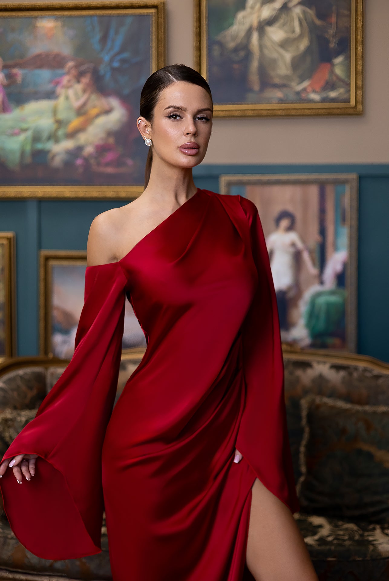 Celeste Red Satin Asymmetric One-Shoulder Midi Dress - view 9 | ELAGIA