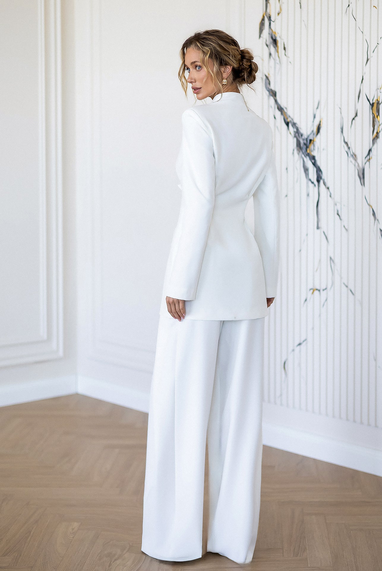 ELAGIA Avra White Asymmetric Double-Breasted Longline Blazer Suit 2-Piece collar detail - purple business suit women appeal