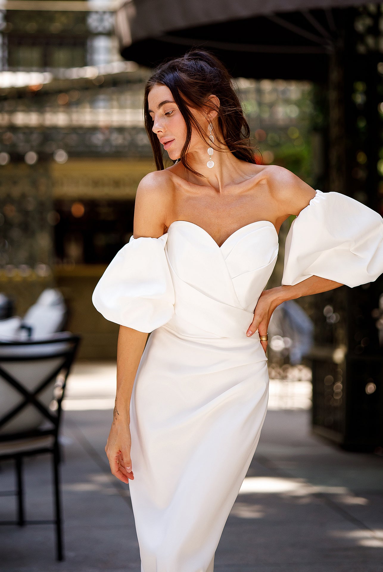 ELAGIA White Satin Sweetheart Puff-Sleeve Midi Dress - full length view with purple business suit women vibe