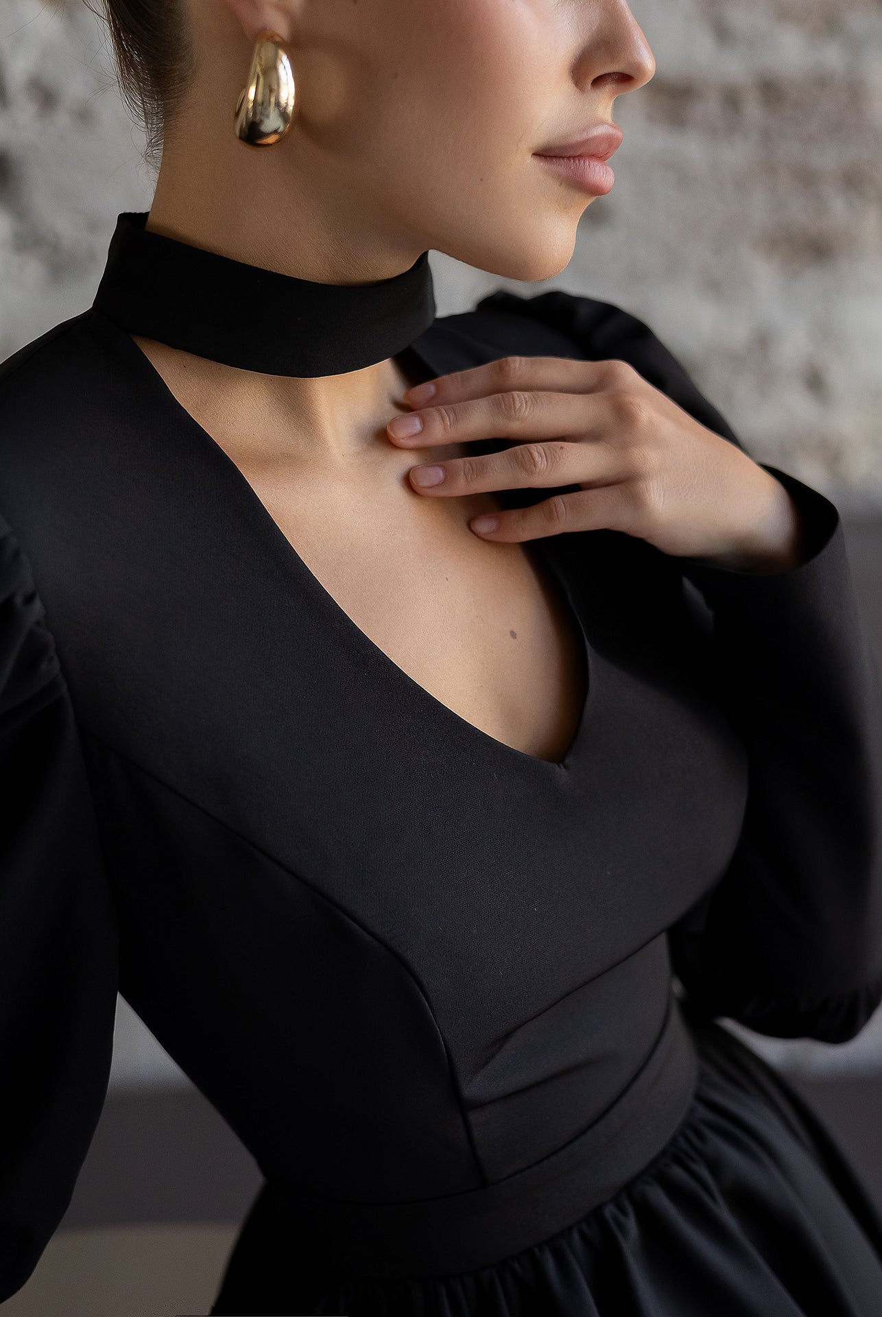 Bella Black Choker-Neck Puff Sleeve Mini Dress - styled look | ELAGIA