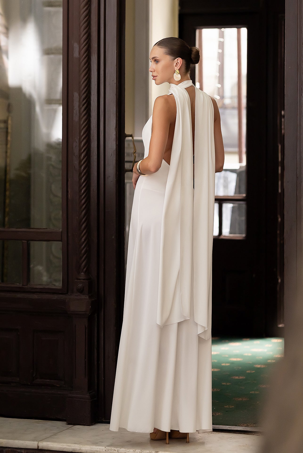 Céline White Satin Drape Halter-Neck Backless Maxi Dress - styled look | ELAGIA