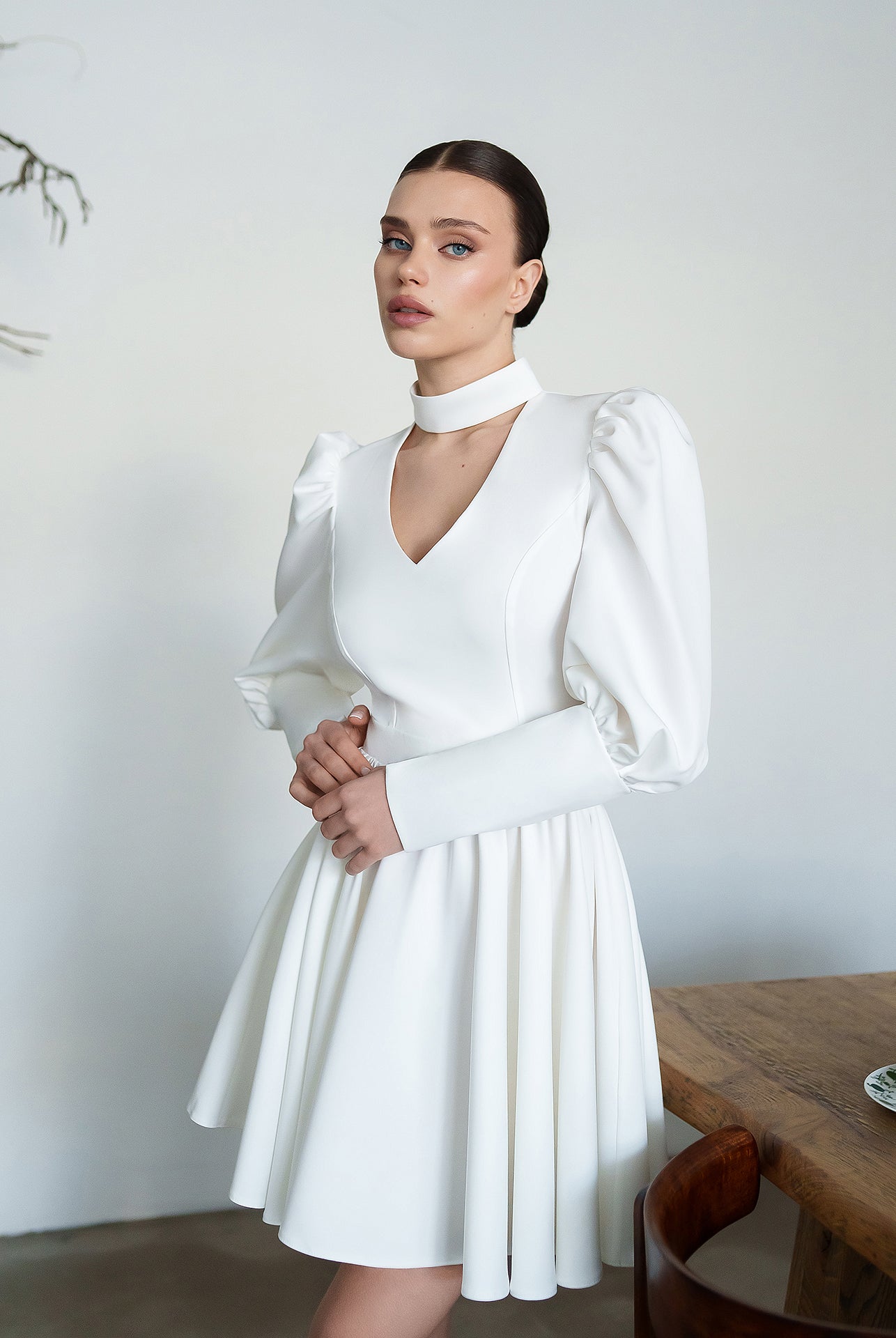 Bella White Choker-Neck Puff Sleeve Mini Dress - view 7 | ELAGIA