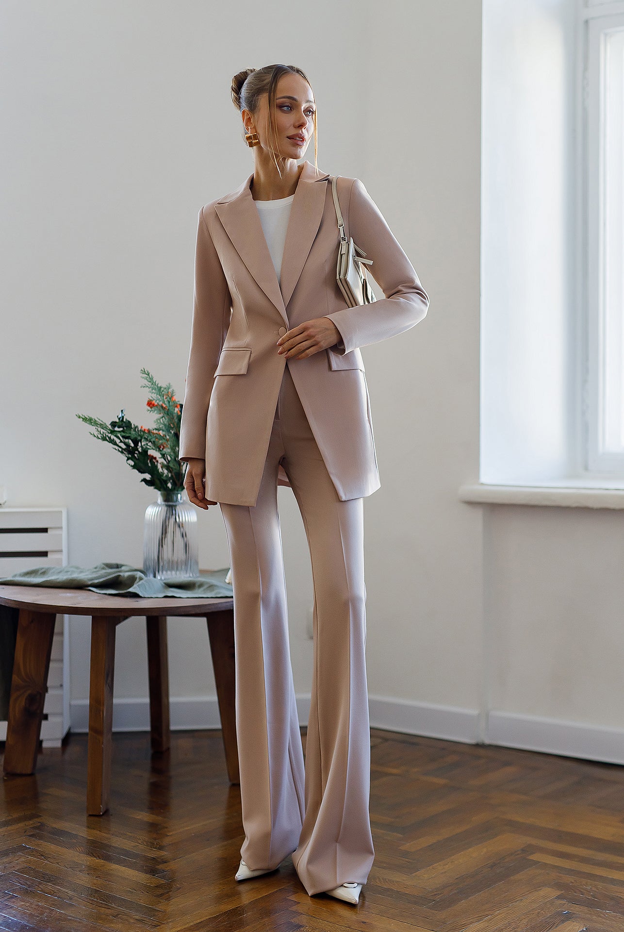 Monica Beige Single-Breasted Suit 2-Piece - Front View | ELAGIA