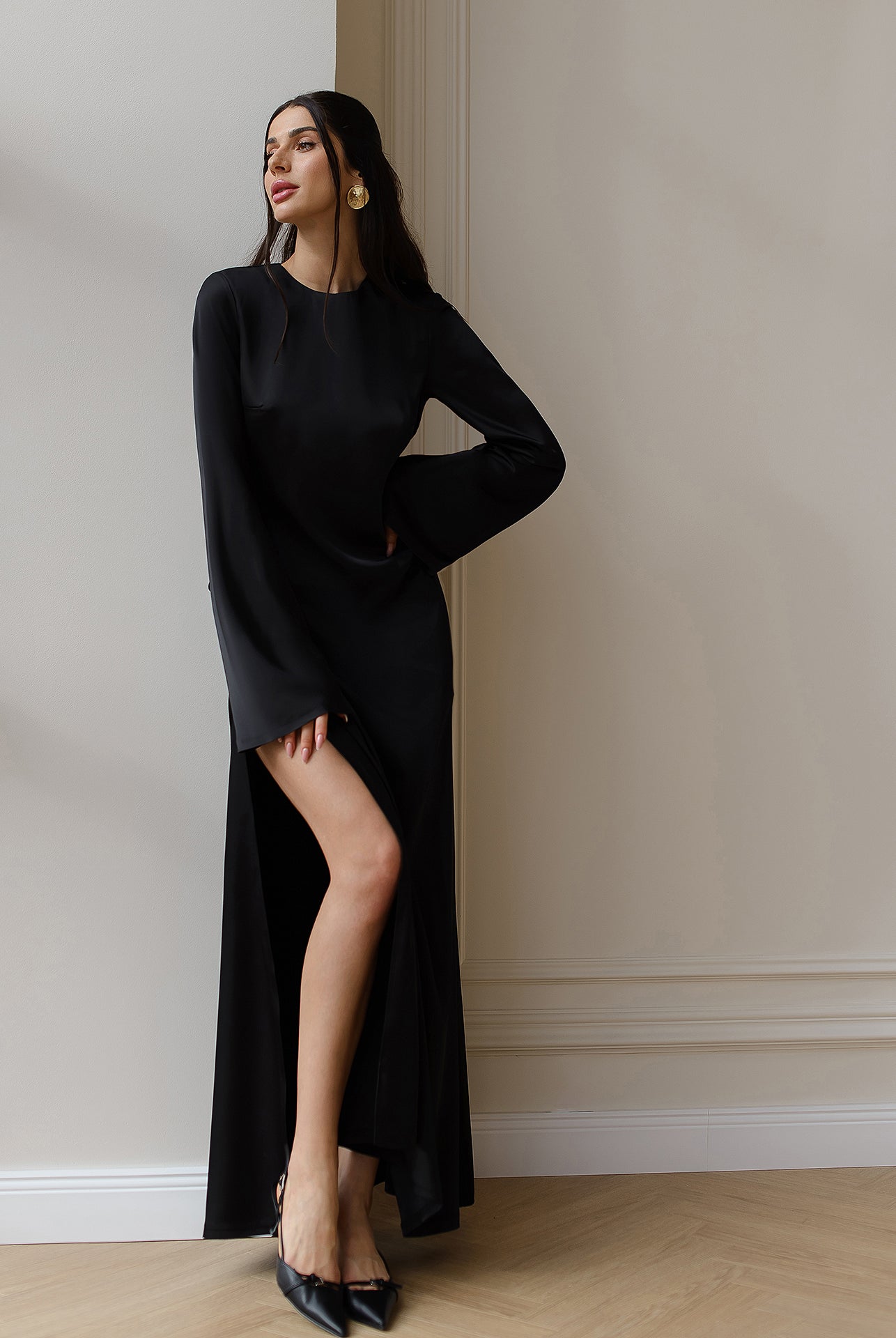 Black Satin Backless Maxi Dress - styled look | ELAGIA