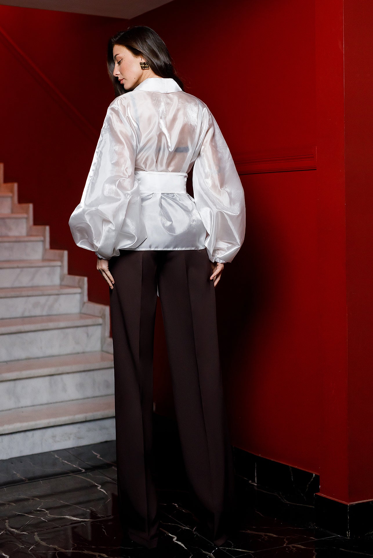 White Shawl Collar Puff-Sleeve Belted Tunic Blouse - view 8 | ELAGIA