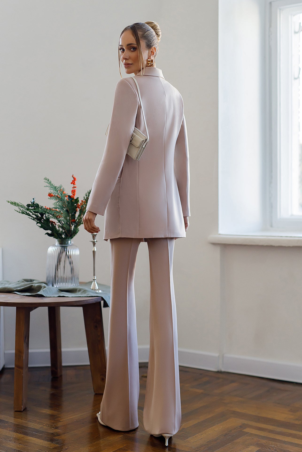 Monica Beige Single-Breasted Suit 2-Piece - Side View | ELAGIA