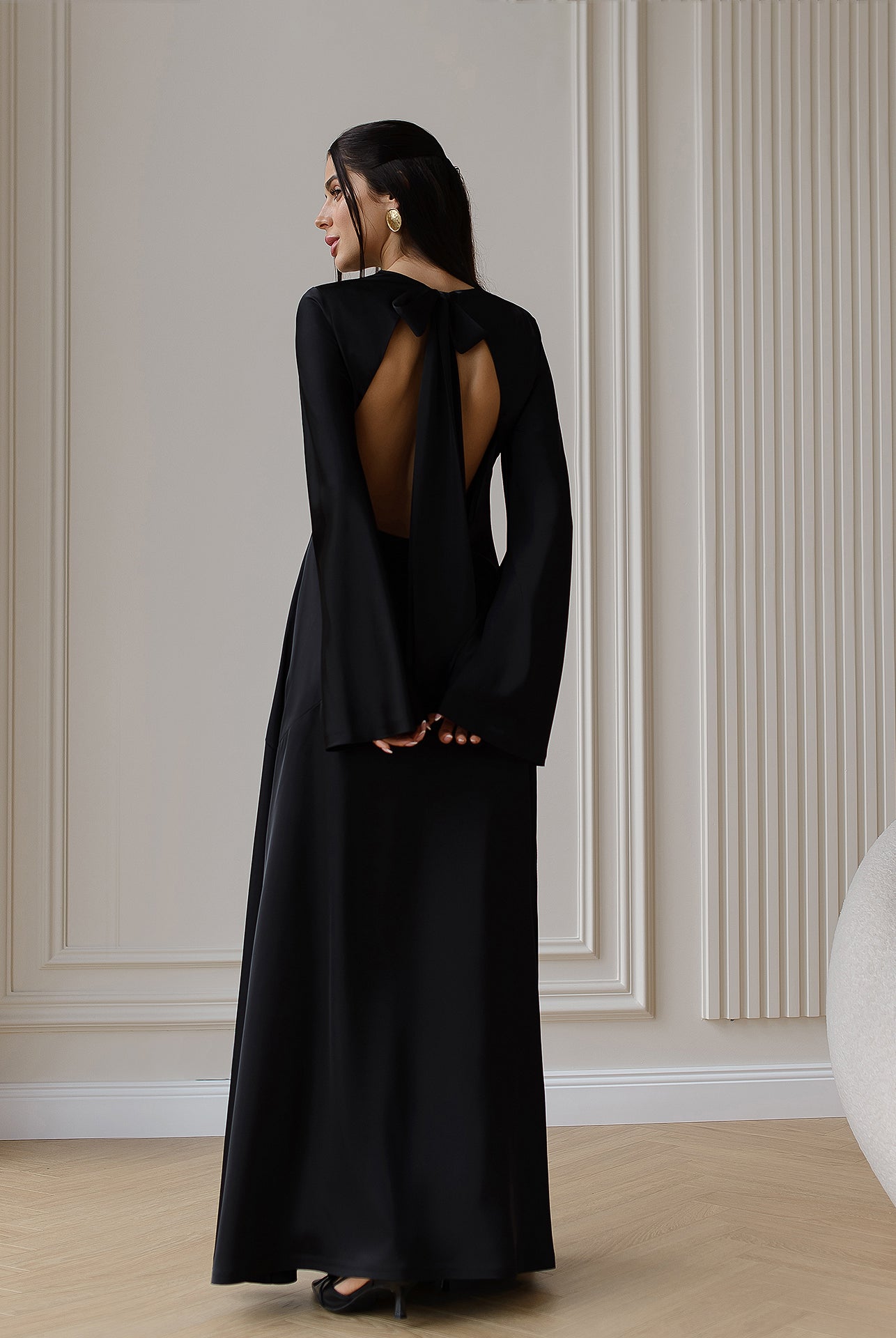 Black Satin Backless Maxi Dress - close-up detail | ELAGIA