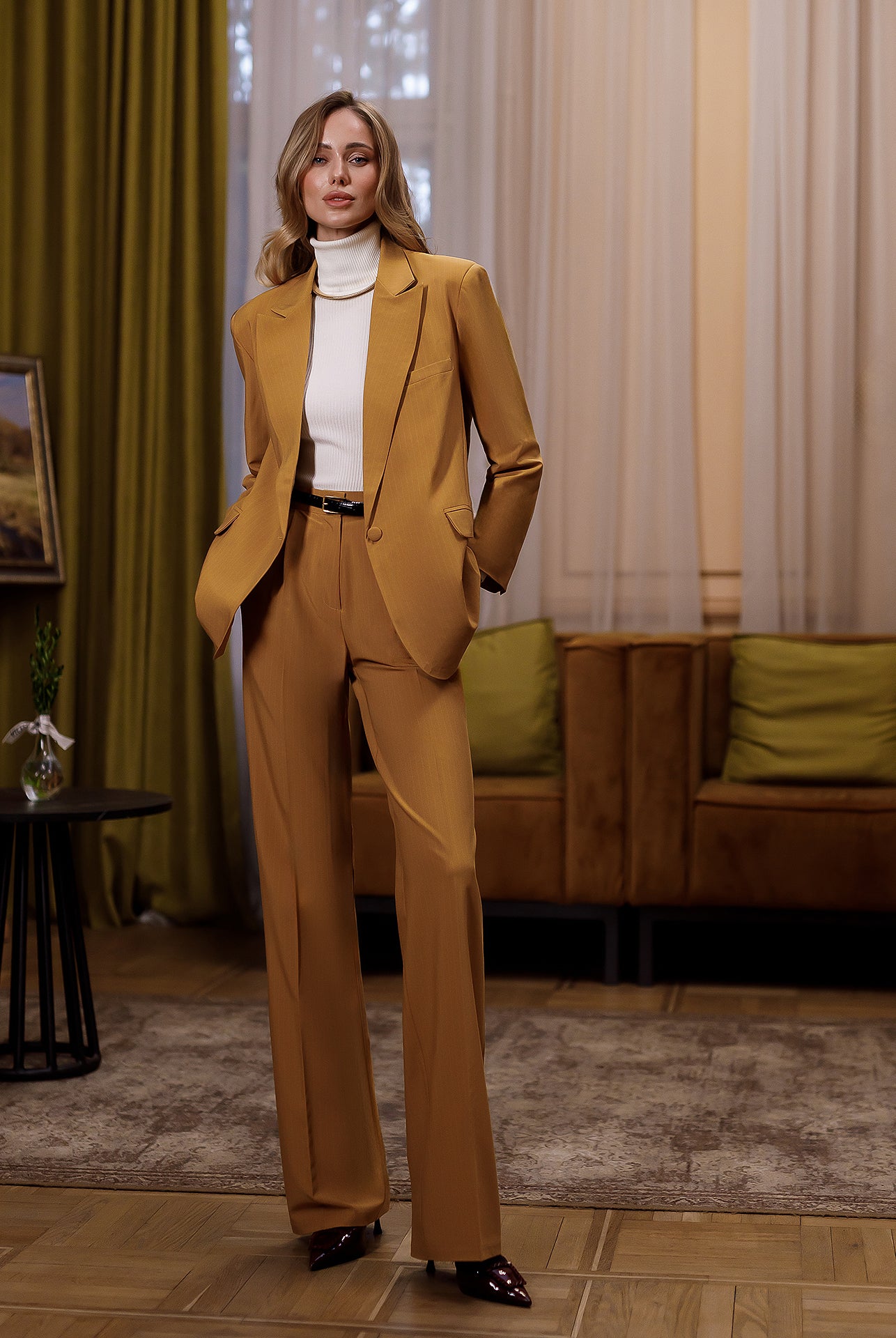 Gloria Mustard Striped Single-Breasted Suit 2-Piece - styled look | ELAGIA