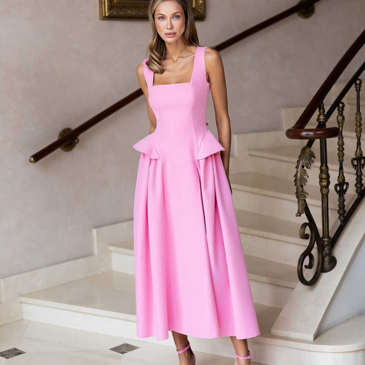 Pink Square-Neck Sleeveless Peplum Midi Dress Pink / XS Pink Square-Neck Sleeveless Peplum Midi Dress Pink / XS
