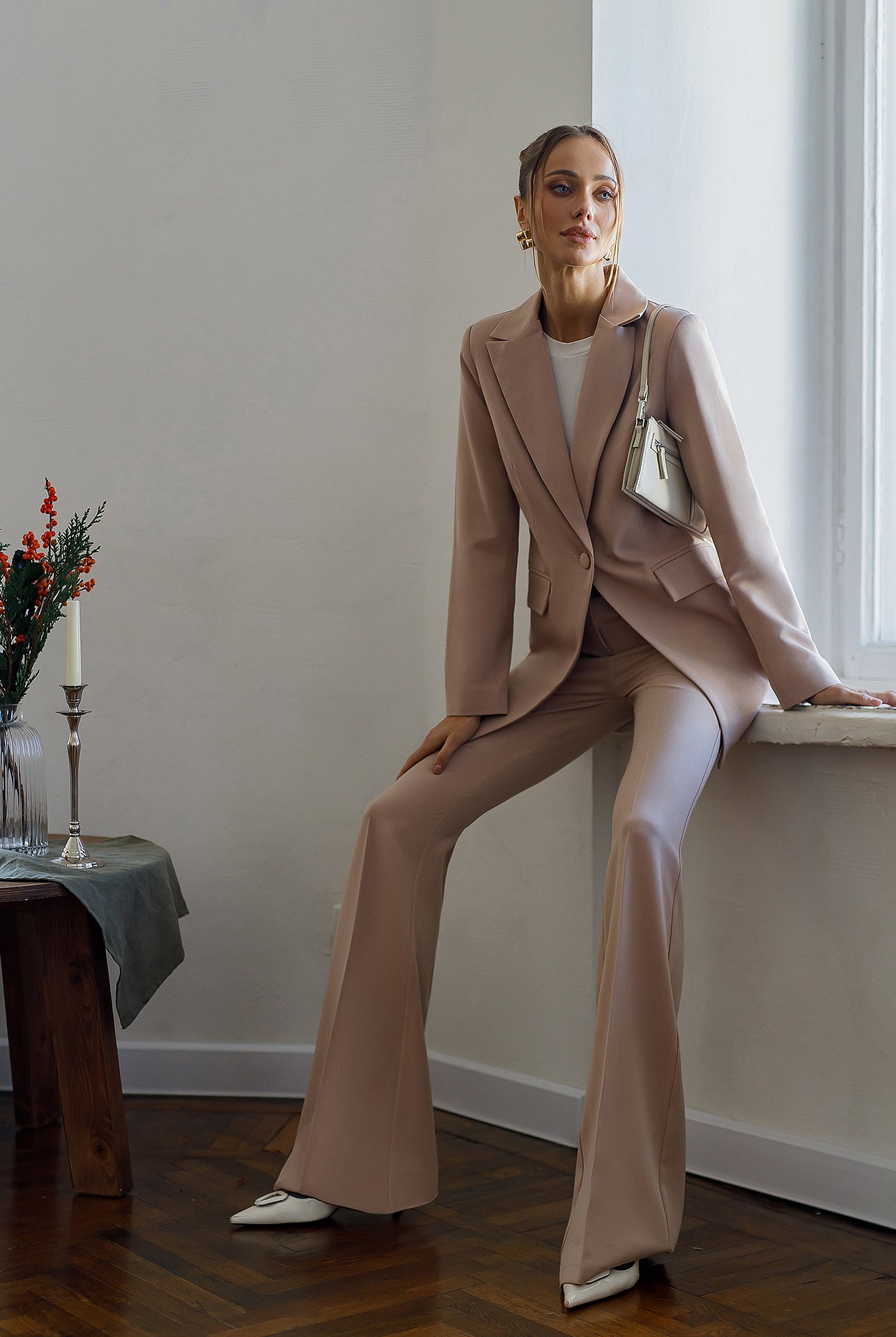 Monica Beige Single-Breasted Suit 2-Piece - Detail View | ELAGIA