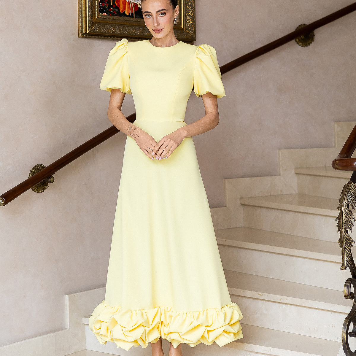 yellow puff sleeve midi dress Lorena Yellow Puff-Sleeve Ruffle-Hem Midi Dress Yellow / M