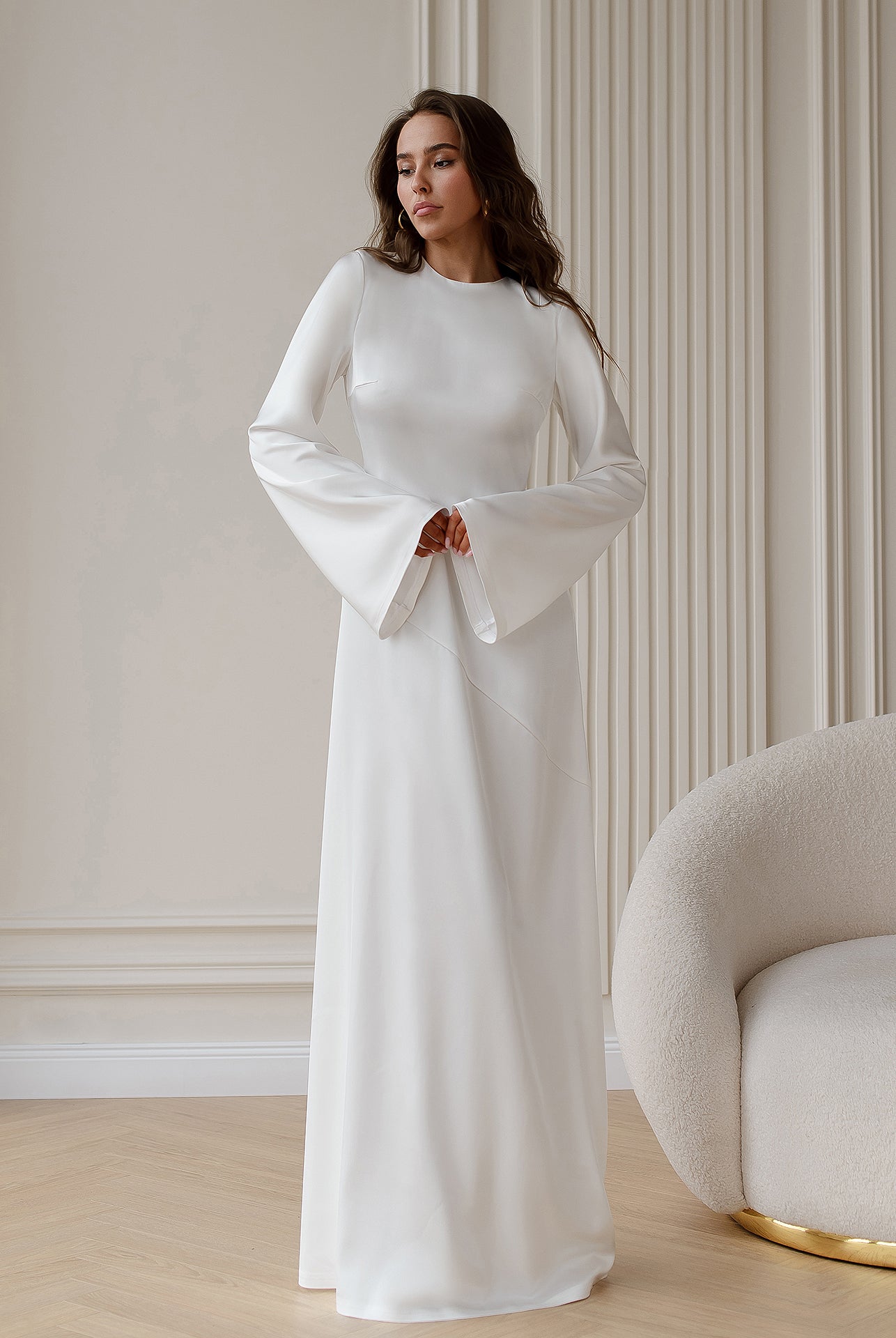 White Satin Backless Maxi Dress - close-up detail | ELAGIA