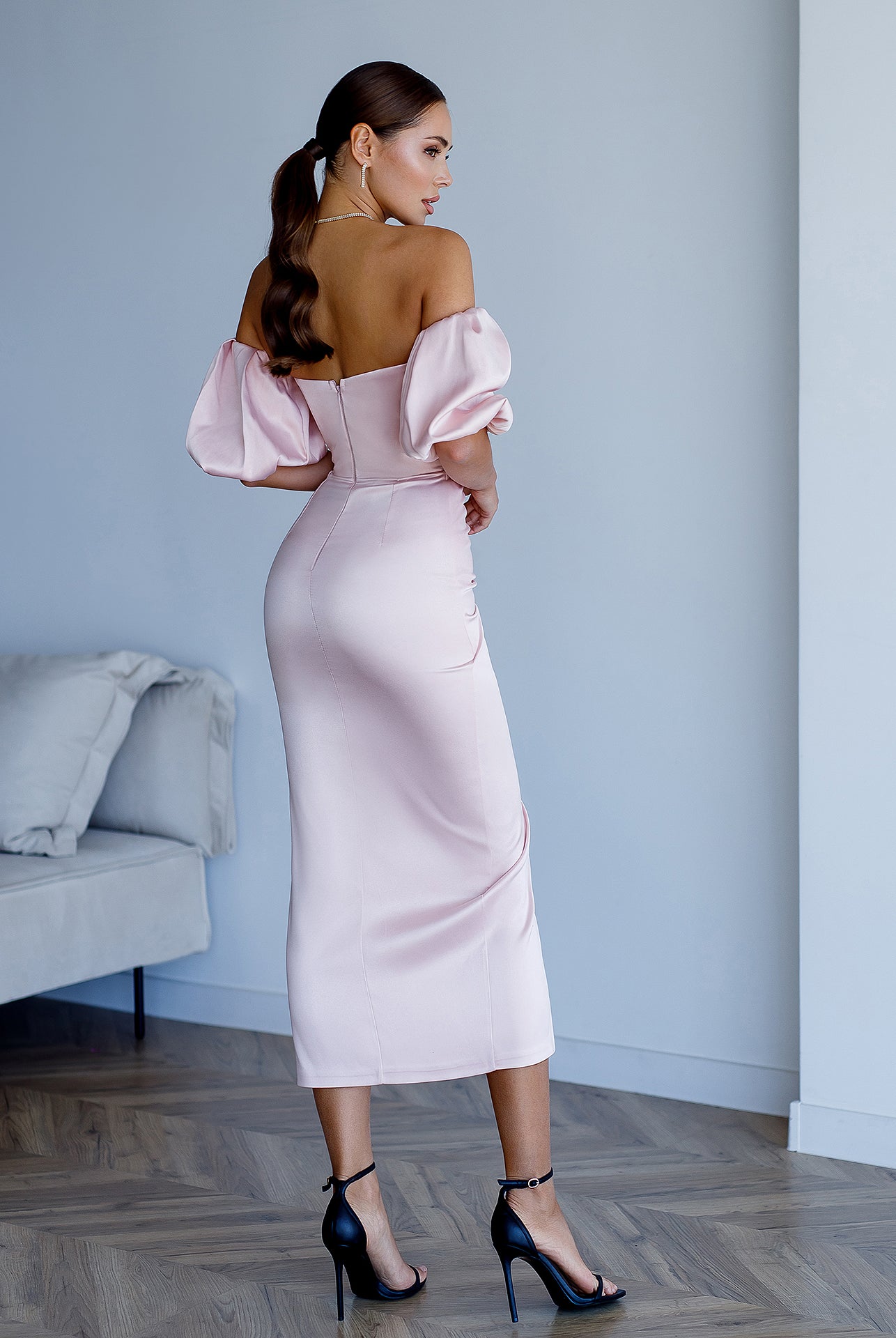 ELAGIA dusty pink satin midi dress back view showing puff sleeves - feminine purple business suit women style